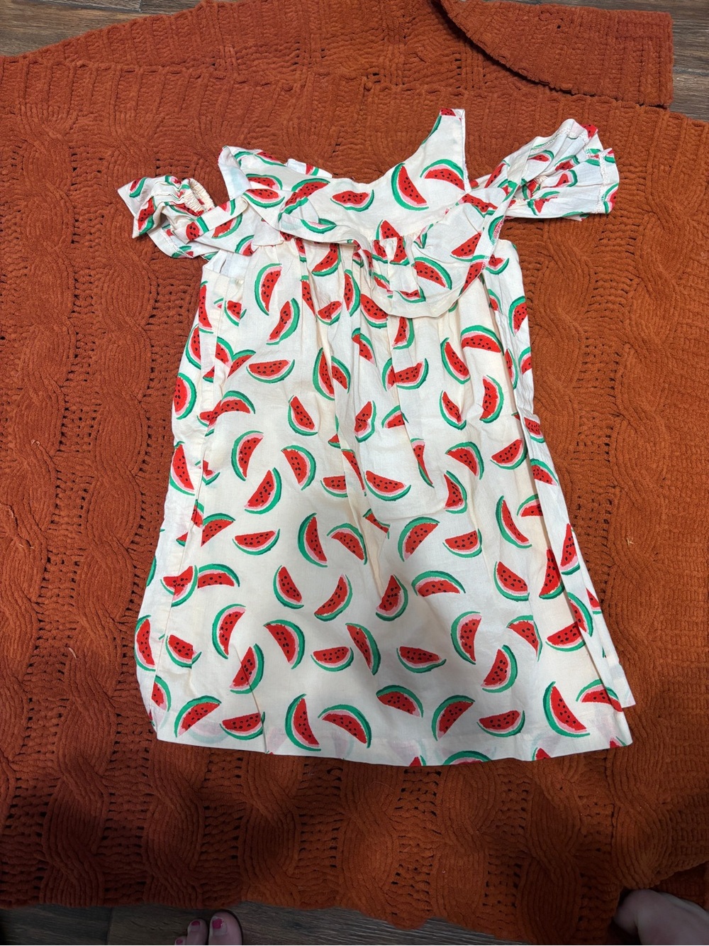 Janie and Jack Cream Dress with Red and Green Watermelon Print